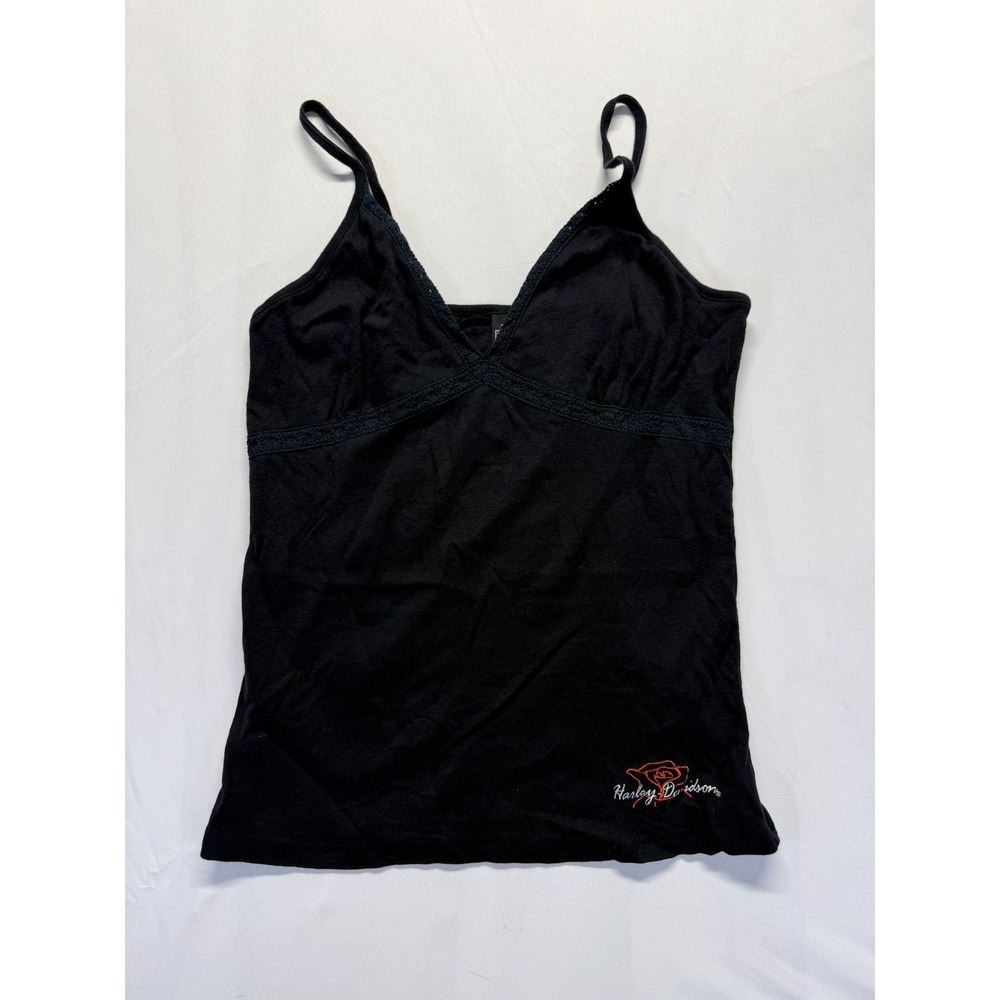 Harley-Davidson Cami Top Womens XL Black Rose Motif Lace Trim Spaghetti Straps